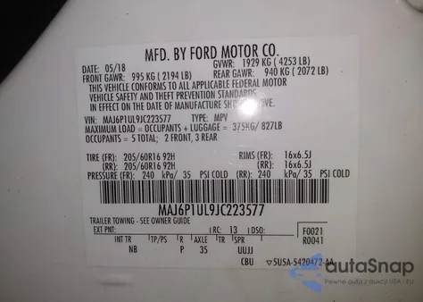 2018 Ford Ecosport Se z USA, uszkodzony, nr VIN MAJ6P1UL9JC223577